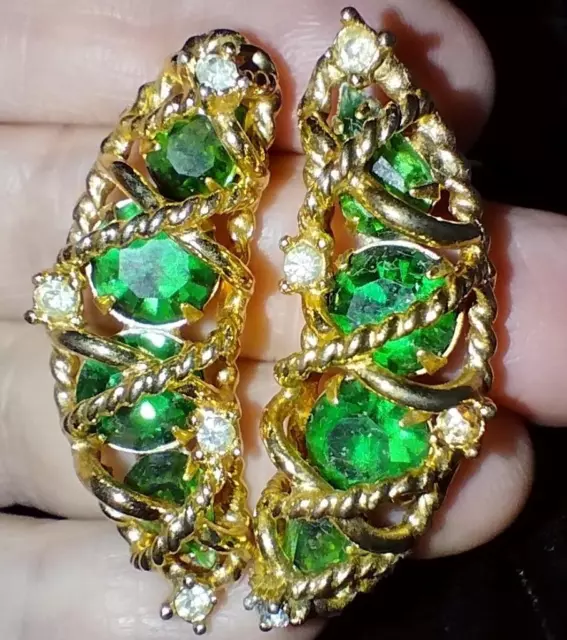 Vintage Carnegie Gold Tone 'Diamond' 'Emerald' Gemstones Clip Earrings Pair
