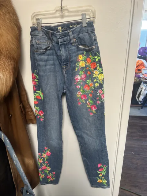 7 For All Mankind Ankle Skinny Embroidered Jeans Size 25 Denim Floral