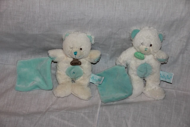 DOUDOU BABYNAT BABY NAT OURS MOUCHOIR BLANC BLEU TURQUOISE CROIX lot 2  com NEUF