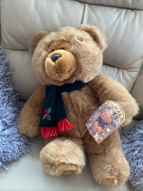 BHS T.D. TEDDY Bear with Christmas Green Holly Motif Scarf. Soft Plush ...