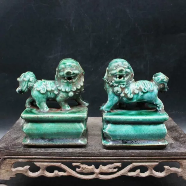 Pair Chinese Old Marked Green Glazed Porcelain Foo Dog Palace Lions Beast Statue