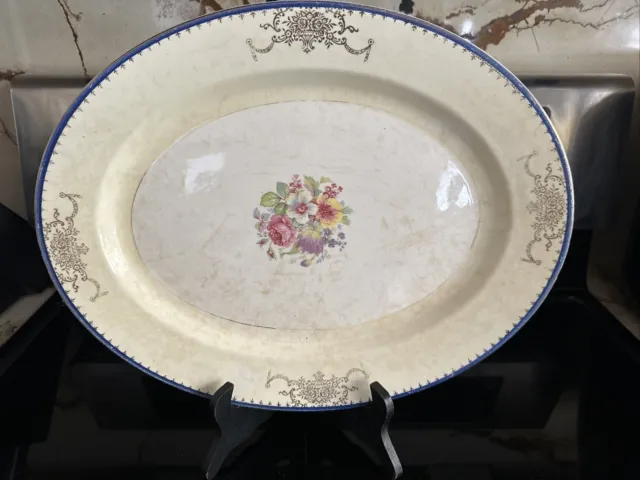 Vintage 16” oval platter Tiffany by Stetson China Co pattern. 22 K gold trim