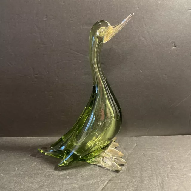 Vintage Murano Art Glass Green  Gold Fleck Duck 10” Preowned EUC