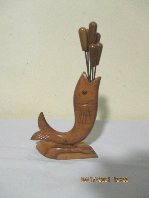 Vtg Mid Century Modern Wooden Fish w/6 Wood Handle Cocktail Party Forks