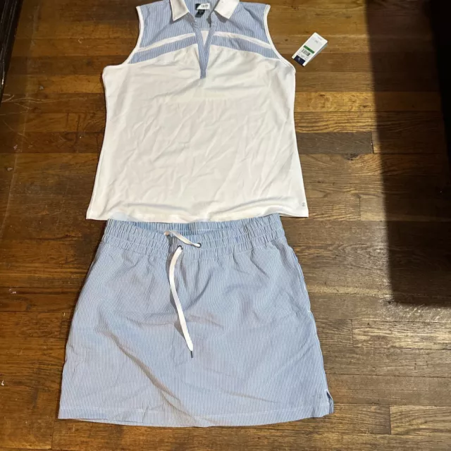 IZOD Golf Women’s Matching Short Sleeve Shirt & Skort Sz Large Blue And White