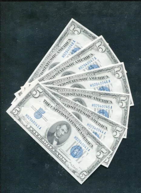 (6) Consecutive 1934-A $5 Five Dollars Blue Seal Silver Certificates Uncirculate