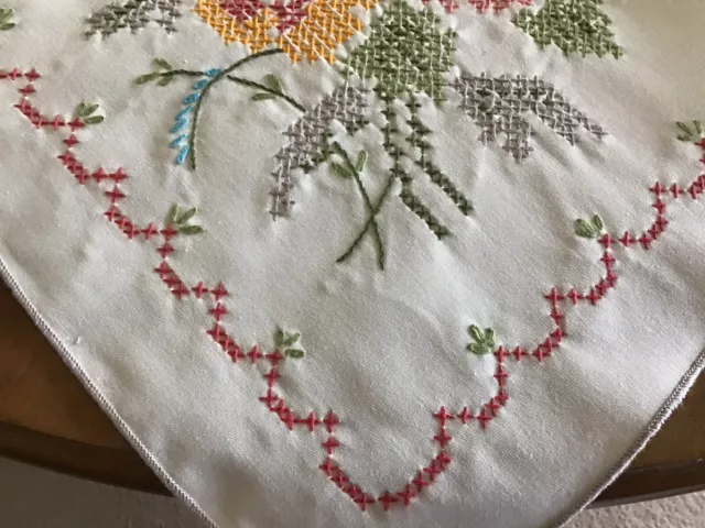 Vintage Hand Embroidered Cross Stitch 50” Square Cotton Tablecloth Beautiful