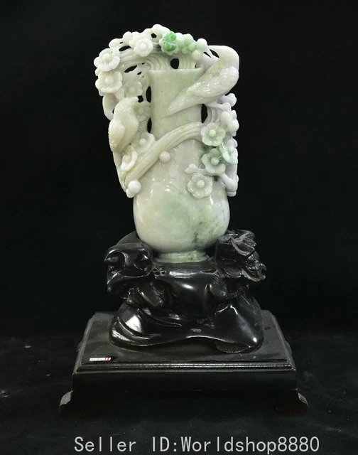 10.4" Old Chinese natural emerald jade carving flower bird Bottle Vase statue
