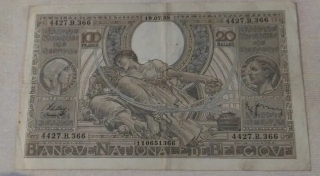 Billet de Belgique 100 Francs 20 Belgas 19-07-1938