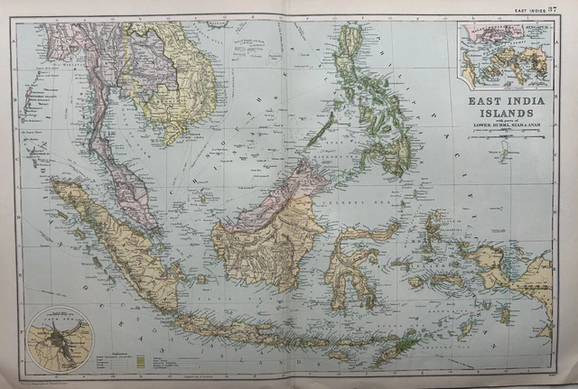 1902 EAST INDIES Southeast Asia Antique Map by G.W. Bacon over 120 ...