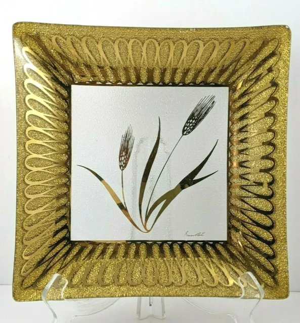 Textured Square Glass Serving Plate Signed Wheat Pattern Heavy Gold Trim