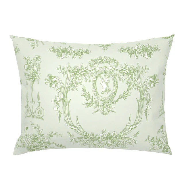 French Vintage Rococo Floral Cottage Green Toile De Pillow Sham by Spoonflower