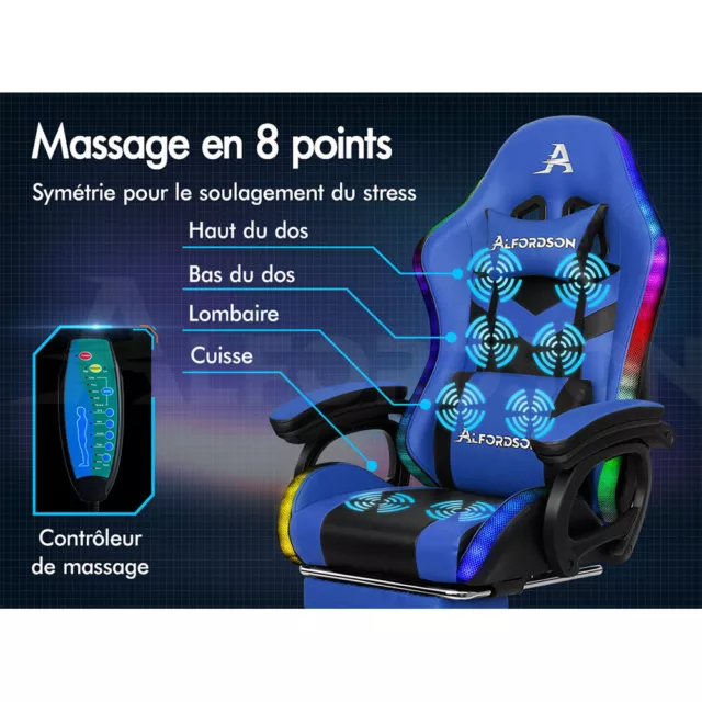 ALFORDSON Chaise Gaming Chaise de Bureau LED et Massant 8 Points Bleu et Noir 3