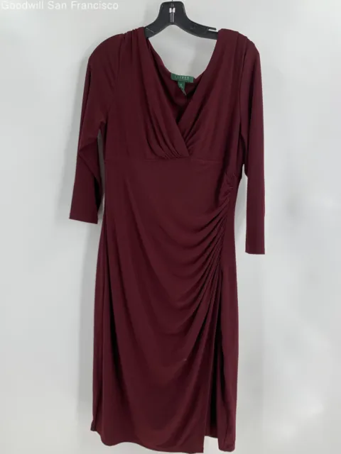 Lauren Ralph Lauren Womens Burgundy Ruched V-Neck 3/4 Sleeve Sheath Dress 12