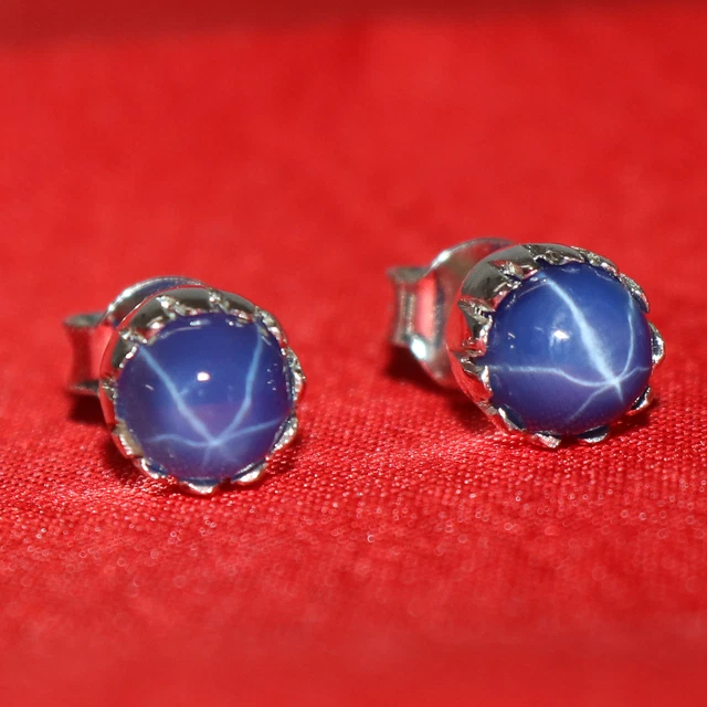 9ct Natural Star Blue Sapphire Round Cabochon Stud Earrings 925 Sterling Silver