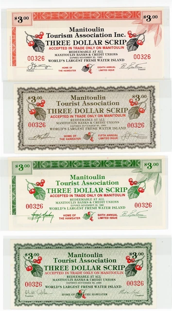 $3 Manitoulin Scrip 1985, 1989, 1990 & 1992 all "00326" Serial #s Canadian Scrip