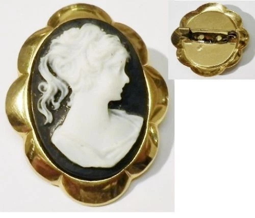 Broche Vintage Camée Buste Femme Avec émail Noir Et Décor Floral - Modèle A14 - Occasion