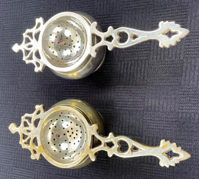 Vintage silver plated pour over tea strainer & drip bowl SET X2