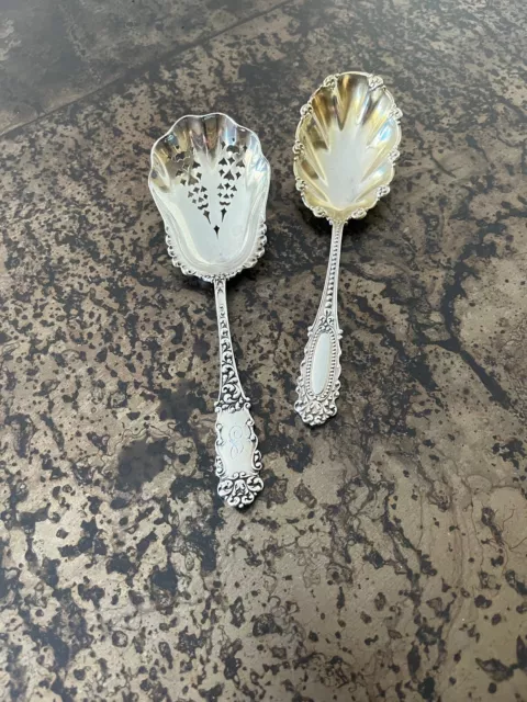 Antique Pair Unique Ornate Sterling Serving Spoons Pierced Scalloped Gold Wash 