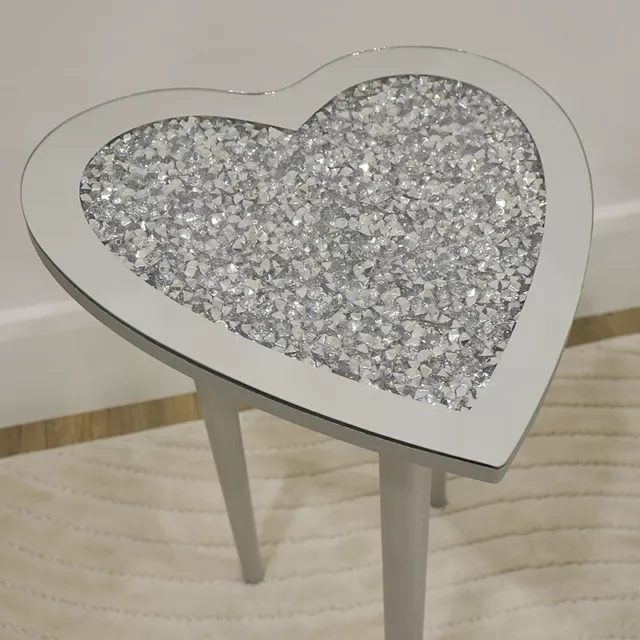 Sparkly Silver Heart Mirrored Glass Diamond Crush Side End Display Table 55cm