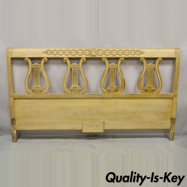 Vintage King Size Neoclassical Style Carved Lyre Harp Wooden Bed Headboard