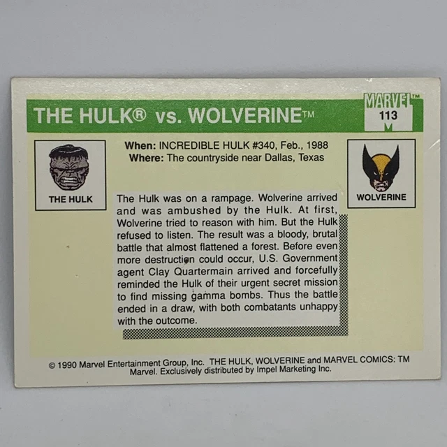#113 THE INCREDIBLE Hulk vs Wolverine X-Men 1990 Impel Marvel Universe ...