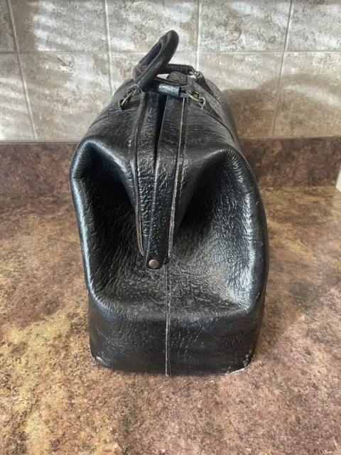 Vintage Emdee by Schell Black Leather Center Open Doctors Medical Bag Cowhide 3