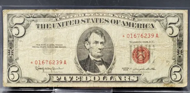 1963  $5 Red Seal Legal Tender Note Bill US Currency Circ VG Very Good