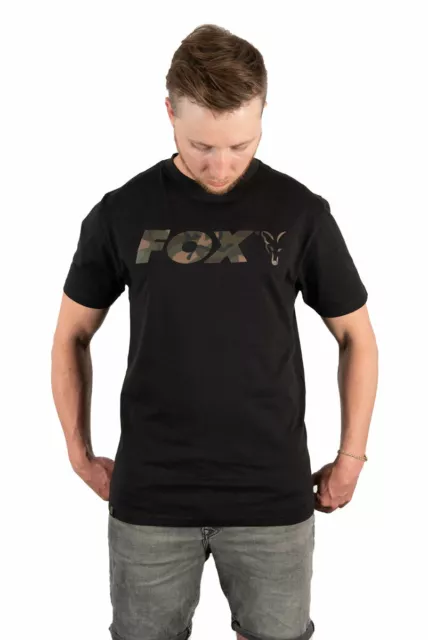 Fox Black / Camo Print Logo T-Shirt ALL SIZES Carp fishing tackle