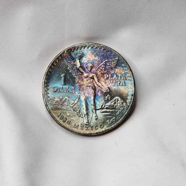 Mexico 1984 1 Oz .999 Silver Libertad Pura Plata Coin Blue Purple Toning