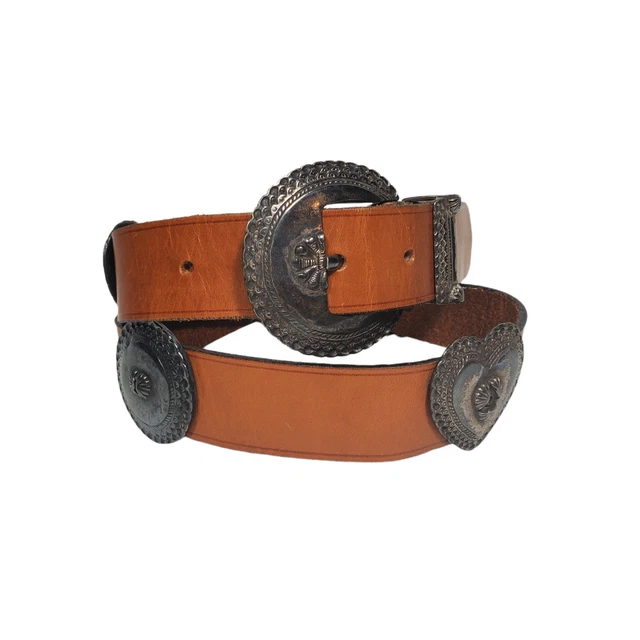 Chicos Tan Leather Concho Belt Womens S/M Silver-Tone Hearts Boho Western Chunky