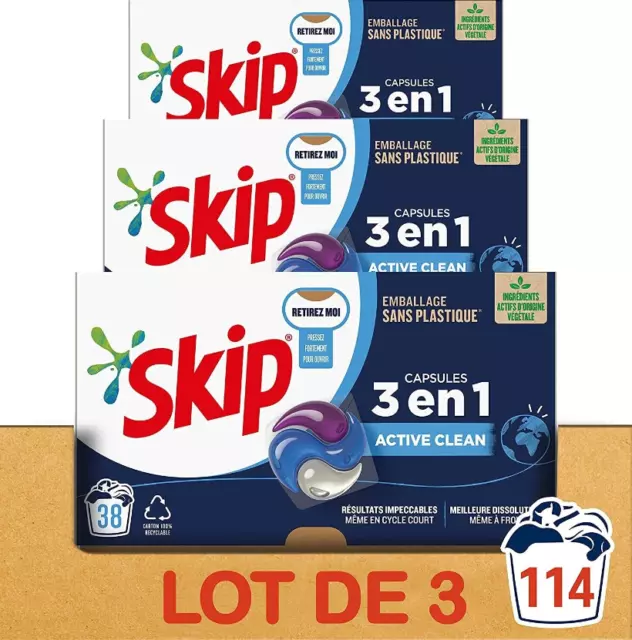 SKIP 114 Capsules 0,28€ / Lavage Lessive 3en1 Active Clean Efficacité Fraîcheur