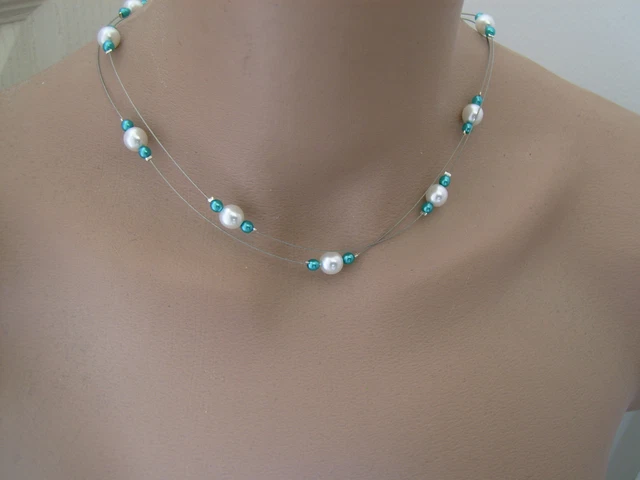 Collier Fantaisie Bleu Turquoise, Ivoire, Blanc Cassé - Pour Robe De Mariée Ou Soirée - Neuf Avec étiquettes
