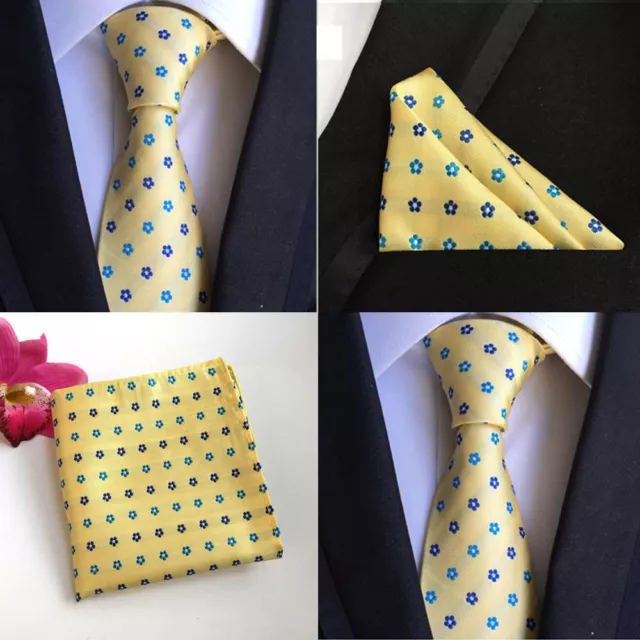 Herren Krawatte Gelb Blau Flower Seide Mit Taschentuch Einstecktuch Set HZ078