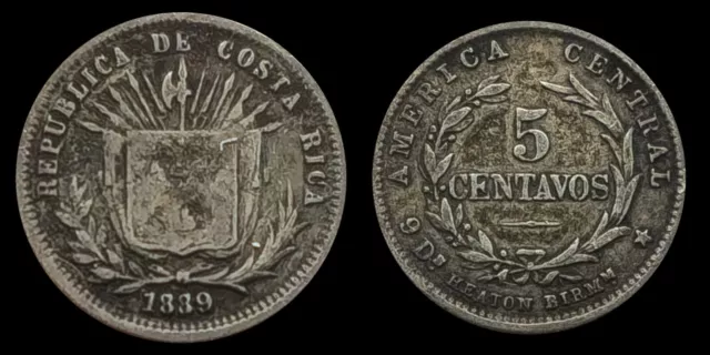 1889 Costa Rica 5 Centavos Coin, .750 Silver, Flagged coat of arms, Henton Mint