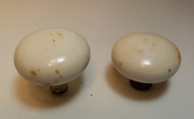 2 Vintage Antique White Round Marble Porcelain Door Knobs See Pics