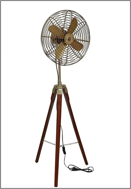 Antique Brass Electric Fan with Wooden Tripod Stand Handmade Fan Unique