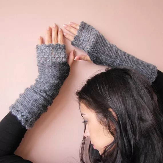 Handmade Knit Wool Fingerless Womans Long Gloves Crochet Edges grey, charcoal OS