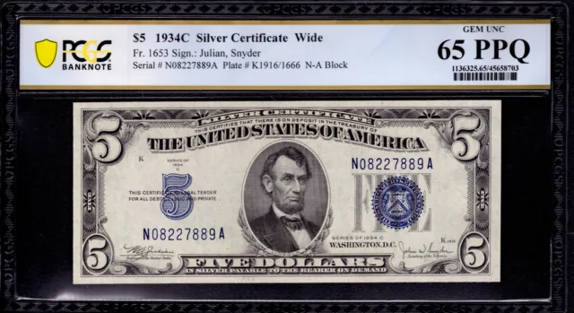 1934 C $5 Silver Certificate Note Fr.1653 Na Block Pcgs B Gem Unc 65 Ppq