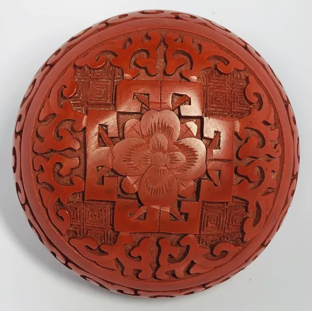 Antique 1920s Chinese Hand-Carved Red Cinnabar Lidded Trinket Box 2.5"