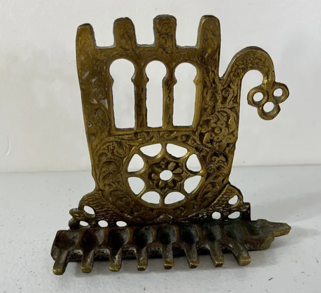 Antique Hanukkah Oil Lamp North African Style Judaica Cast Metal Brass Menorah