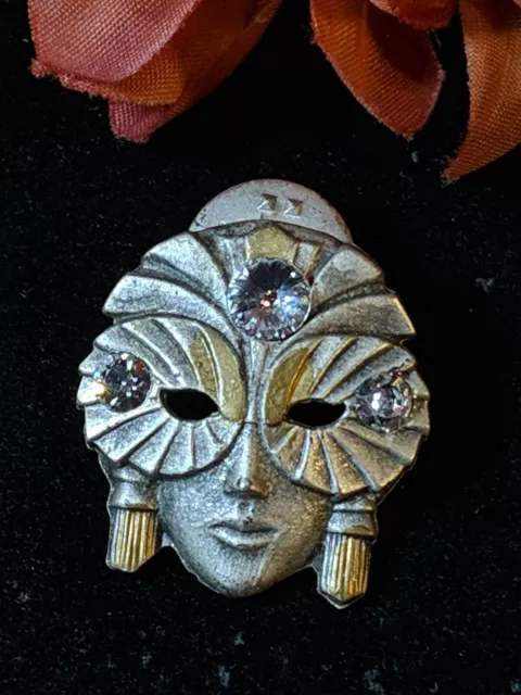 Vintage Venetian Carnival Face Mask Pin Pewter Rhinestone Mardi Gras Masquerade