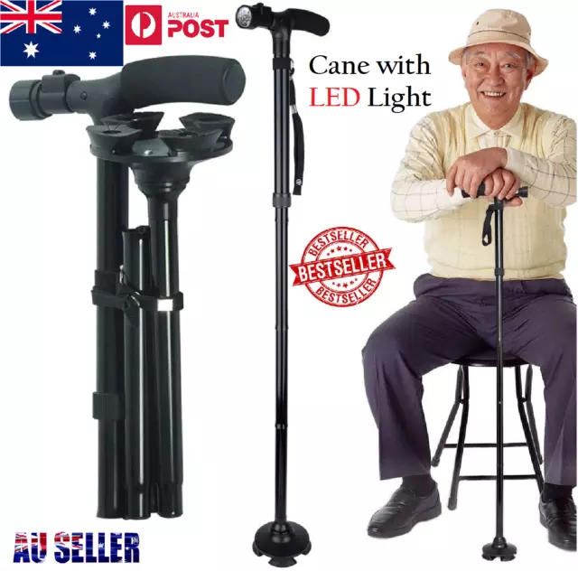 Walking Stick Cane Folding With Light LED Strap Pole Adjustable Handle Arthritis