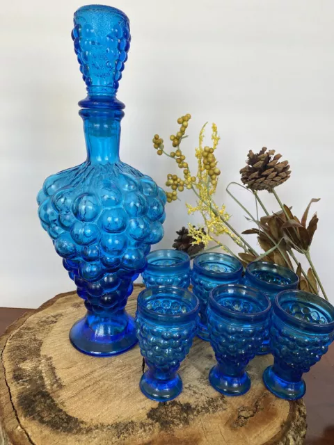 8 PC Set Vintage Italy Cobalt Blue Glass Liquor Decanter & Glasses Grape Design