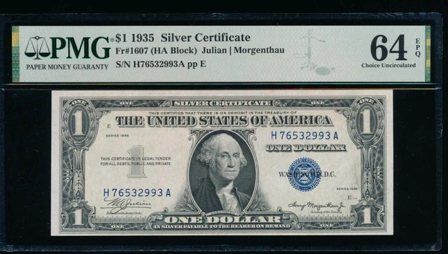 AC 1935 $1 Silver Certificate PMG 64 EPQ H-A block  Fr 1607