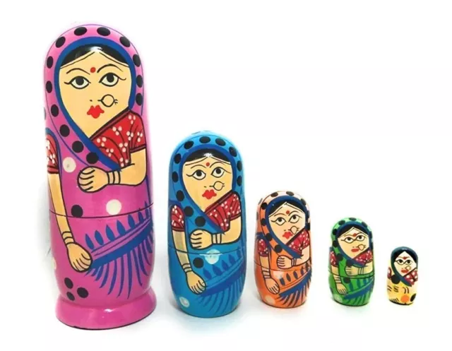 Set Of 5 Handmade Hand Painted Cute Wooden Indian Women Nesting Dolls Multicolor