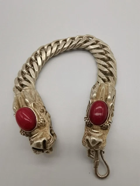 Old Chinese tibet silver inlay red jade dragon head Weave Bracelet