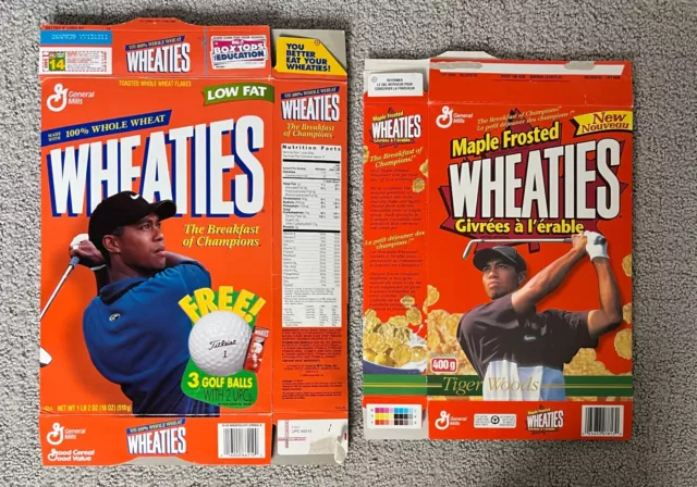 Tiger Woods - Maple Frosted & 100% Whole Wheat - Wheaties  Lot of 2 Cereal Boxes