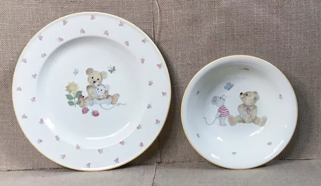 Vintage Childrens Mikasa Teddy Bear Mouse Strawberries Dinner Plate And Bowl Set