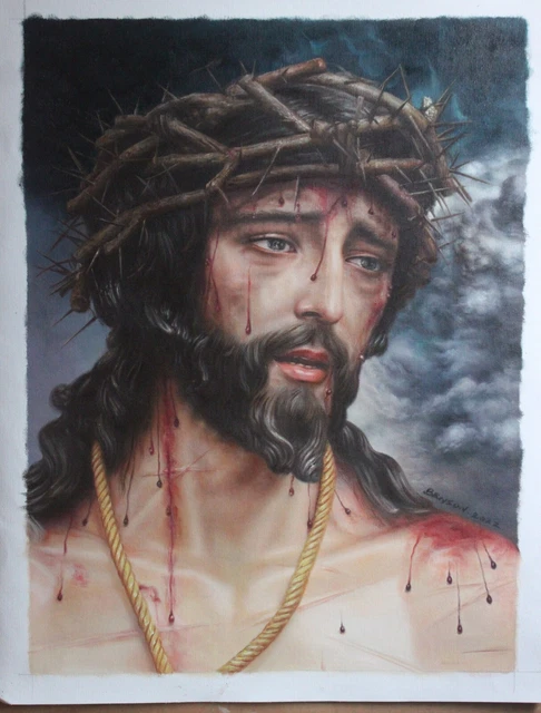 portrait jesus christ tableau peinture huile sur toile signée / lord Jesus oil r